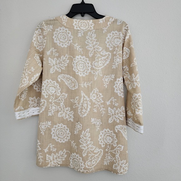 Womens Krazy Kat Lace V Neck Boho Floral Tunic Tan M White Cotton - Picture 2 of 16